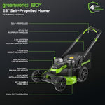 Load image into Gallery viewer, Greenworks 80V 25" Brushless Cordless ( Self-Propelled) Lawn Mower (75+ Compatible Tools), 5.0Ah Battery and Charger Included