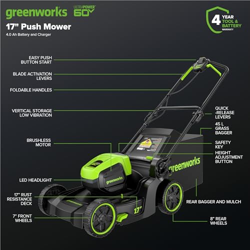 60V 17" Brushless (Push) Mower + 60V (610 CFM) Brushless Blower, 4.0Ah Battery and 3A Charger
