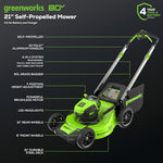 Load image into Gallery viewer, Greenworks 80V 21" Self-Propelled Cordless Lawn Mower – Brushless Motor, LED Lights, 4.0Ah Battery &amp; Rapid Charger (75+ Compatible Tools)