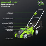 Load image into Gallery viewer, Greenworks 40V 16" Cordless Lawn Mower, Ultra-Light Push Mower with 4.0Ah Battery &amp; Charger(75+ Tool Compatibility, 45Min Runtime)