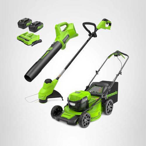 Greenworks 48V (24V x 2) 21" Brushless Self-Propelled Mower+12" String Trimmer+320CFM Blower,(2) 5.0Ah Batteries and 4A Dual Port Charger