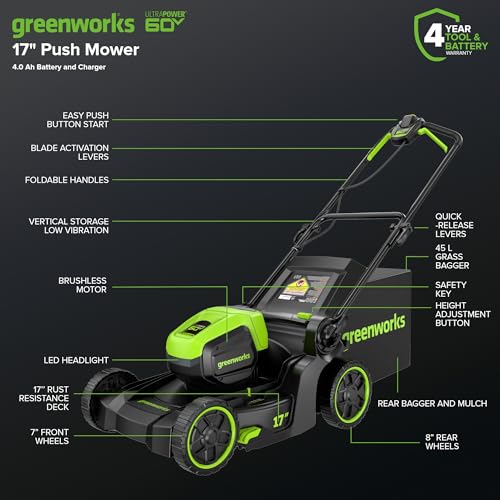 Greenworks 60V 17" Brushless Cordless Push Lawn Mower, 2-in-1 Mulching/Bagging, 4.0Ah Battery and 3A Charger(40min Runtime)