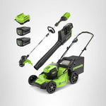 Load image into Gallery viewer, Greenworks 80V 21” Brushless (Push) Cordless Electric Lawn Mower + (500 CFM) Axial Leaf Blower + 13” String Trimmer (75+ Compatible Tools), (2) 2.0Ah Batteries and 30 Minute Rapid Charger