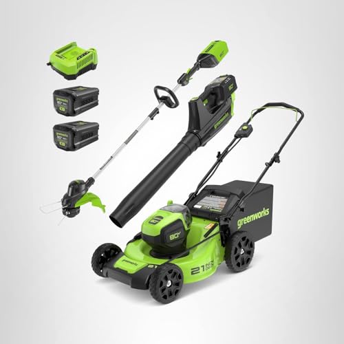 Greenworks 80V 21” Brushless (Push) Cordless Electric Lawn Mower + (500 CFM) Axial Leaf Blower + 13” String Trimmer (75+ Compatible Tools), (2) 2.0Ah Batteries and 30 Minute Rapid Charger