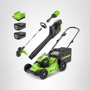 Greenworks 80V 21” Brushless (Push) Cordless Electric Lawn Mower + (500 CFM) Axial Leaf Blower + 13” String Trimmer (75+ Compatible Tools), (2) 2.0Ah Batteries and 30 Minute Rapid Charger