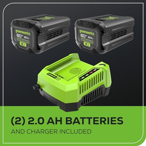 Greenworks 80V 21” Brushless (Push) Cordless Electric Lawn Mower + (500 CFM) Axial Leaf Blower + 13” String Trimmer (75+ Compatible Tools), (2) 2.0Ah Batteries and 30 Minute Rapid Charger