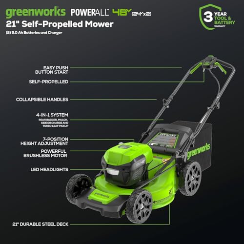 Greenworks 48V (24V x 2) 21" Brushless Self-Propelled Mower+12" String Trimmer+320CFM Blower,(2) 5.0Ah Batteries and 4A Dual Port Charger