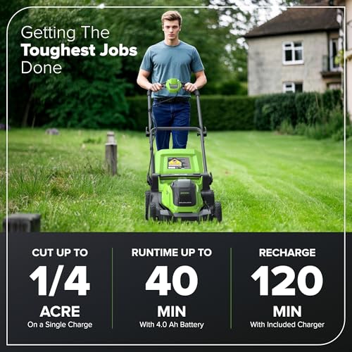 Greenworks 40V 17" Cordless Lawn Mower – Brushless Motor, 4.0Ah Battery & Charger (75+ Compatible Tools), 2-in-1 Mulch/Bag