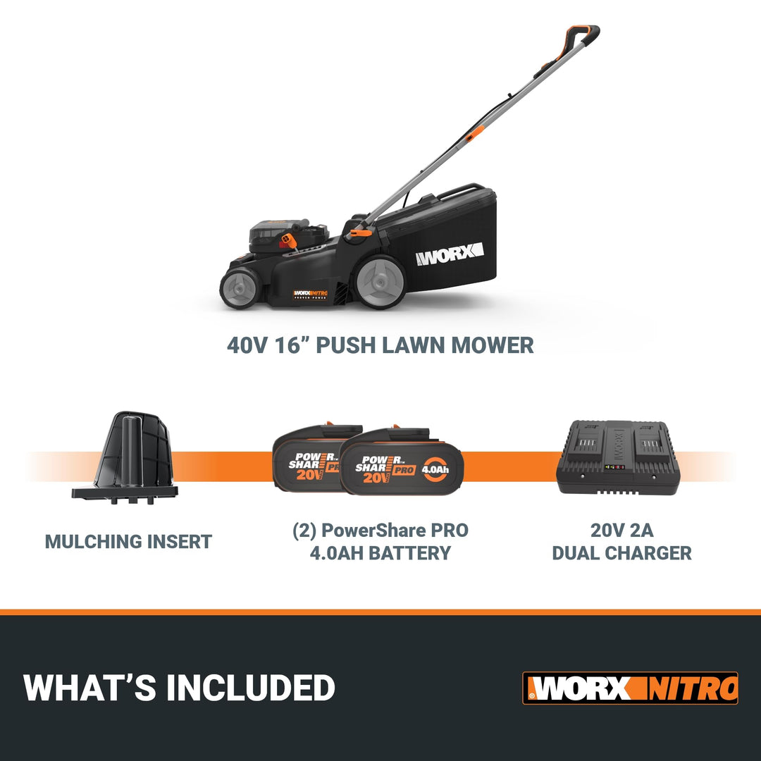 Nitro 16" Cordless Lawn Mower, 2 in 1 Electric Mower with with Brushless Motor, Lightweight Push Lawn Mower for 1/4 Acre, 2 Batteries & Charger Included, WG737