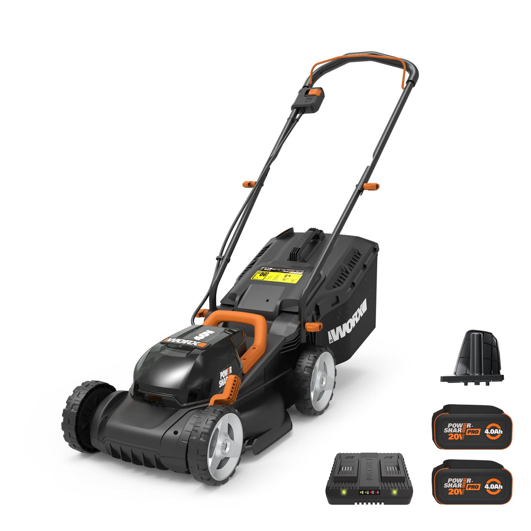 WORX 14" Cordless Lawn Mower, 2 in 1 Electric Mower Cuts Quietly, Compact & Lightweight Push Lawn Mower with 6-Position Height Adjustment for Small Yards, 2 Batteries & Charger Included, WG779