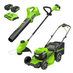 Load image into Gallery viewer, Greenworks 48V (24V x 2) 21" Brushless Self-Propelled Mower+12" String Trimmer+320CFM Blower,(2) 5.0Ah Batteries and 4A Dual Port Charger