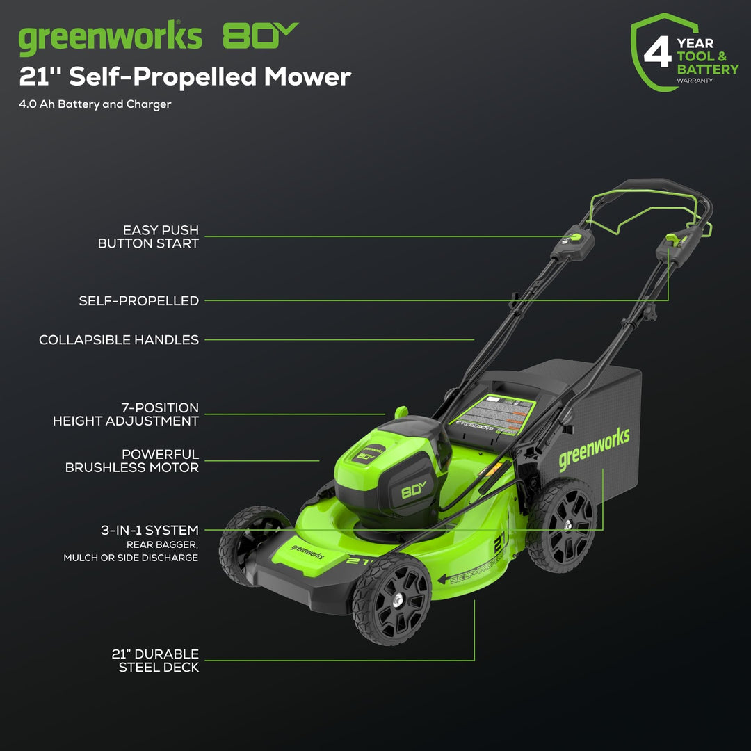 Greenworks 80V 21” Brushless (Self-Propelled) Cordless Electric Lawn Mower + (580 CFM) Axial Leaf Blower (75+ Compatible Tools), 4.0Ah Battery and 60 Minute Rapid Charger, Green and Black