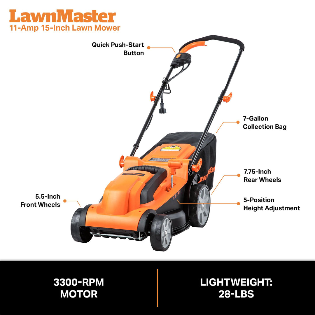 LawnMaster MEB1114K Electric Corded Lawn Mower 15-Inch 11AMP
