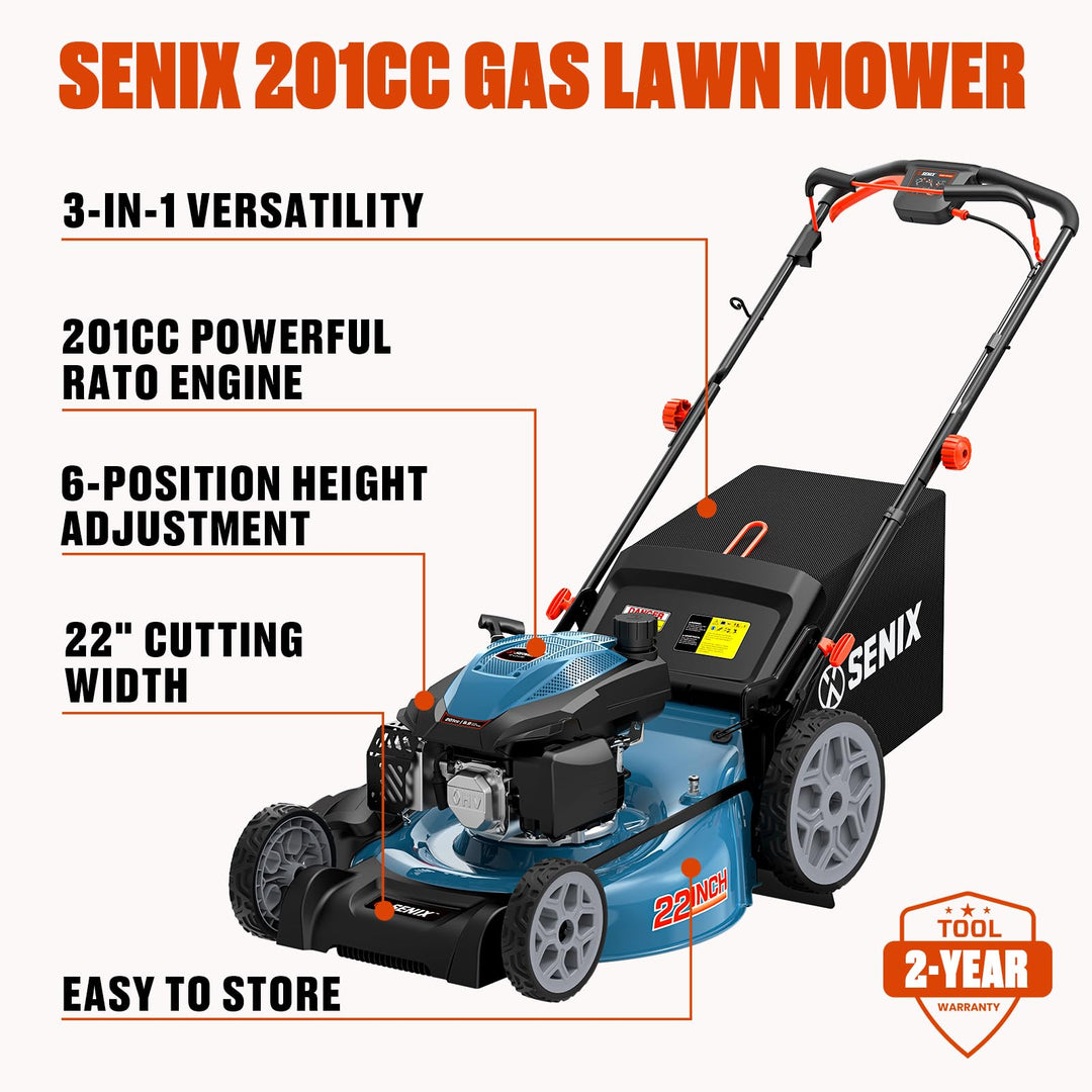 SENIX 201cc 22" 3-in-1 Gas Lawn Mower, Variable Speed Rear Wheel Self-Propelled Mower, Mulching, Bagging, Discharging, Foldable, 6 Cutting Height Adjustable, for Garden Yard