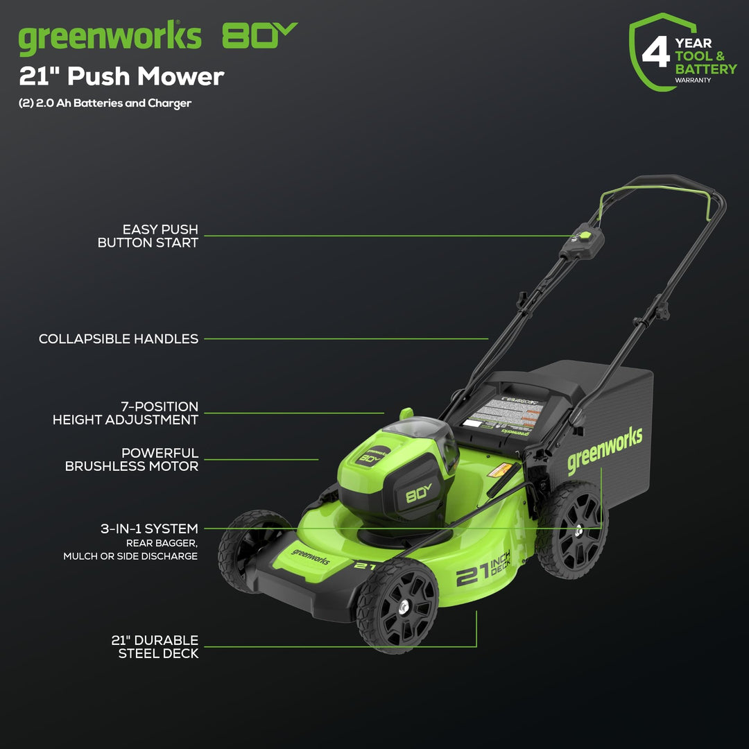 Greenworks 80V 21” Brushless (Push) Cordless Electric Lawn Mower + (500 CFM) Axial Leaf Blower + 13” String Trimmer (75+ Compatible Tools), (2) 2.0Ah Batteries and 30 Minute Rapid Charger