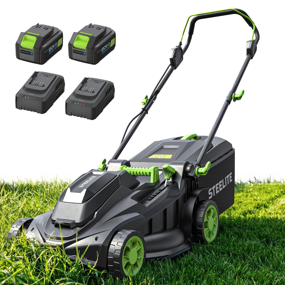 STEELITE 40V 17 Inch Electric Lawn Mower Cordless, Brushless Motor, 6-Position Height Adjustment, 2-in-1 Bagging & Mulching, Includes 2 x 4.0Ah Batteries and Dual Battery Chargers