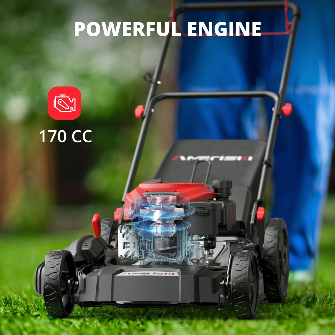 AMRISUN 21-Inch Self-Propelled Gas Lawn Mower for Large Yard, 170cc 4-Stroke Engine, 6-Position Adjustable Cutting Height, 3-in-1 Mulching, Side Discharge & Rear Bag for Garden Landscaping