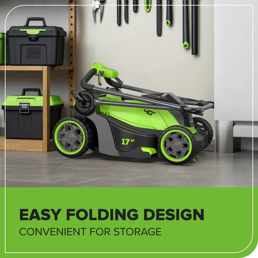 Greenworks 40V 17" Cordless Lawn Mower – Brushless Motor, 4.0Ah Battery & Charger (75+ Compatible Tools), 2-in-1 Mulch/Bag