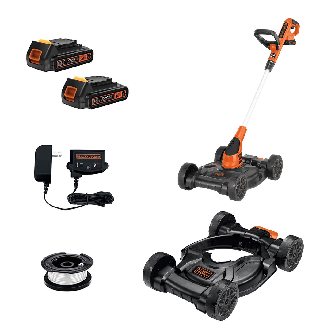 BLACK+DECKER Weed Eater, Lawn Edger and Cordless Lawn Mower 3 in 1 Combo, Includes (2) Batteries, Charger, 12 Inch Battery Powered String Trimmer and Lawnmower, Adjustable Length and Height (MTC220)