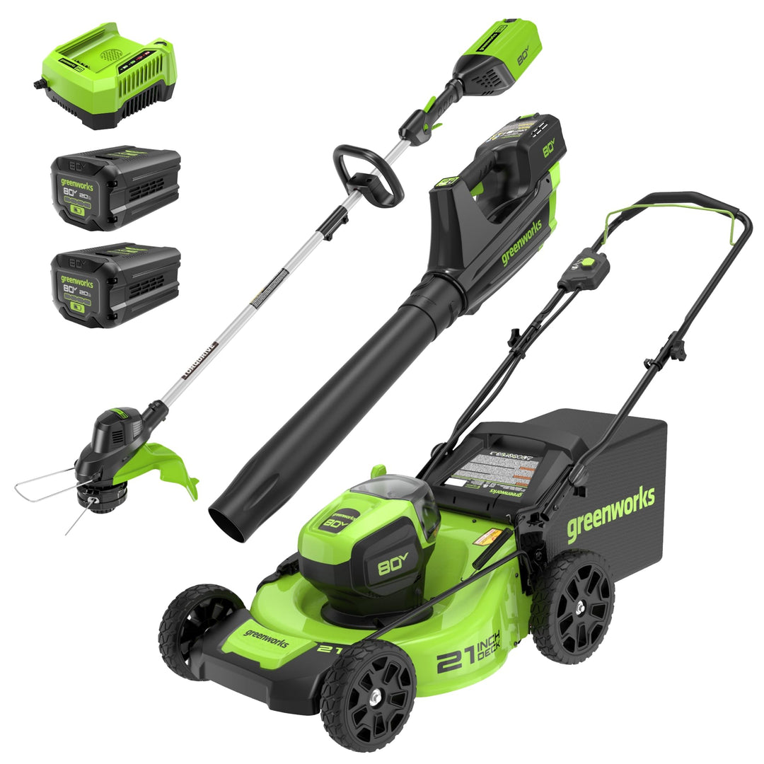 Greenworks 80V 21” Brushless (Push) Cordless Electric Lawn Mower + (500 CFM) Axial Leaf Blower + 13” String Trimmer (75+ Compatible Tools), (2) 2.0Ah Batteries and 30 Minute Rapid Charger