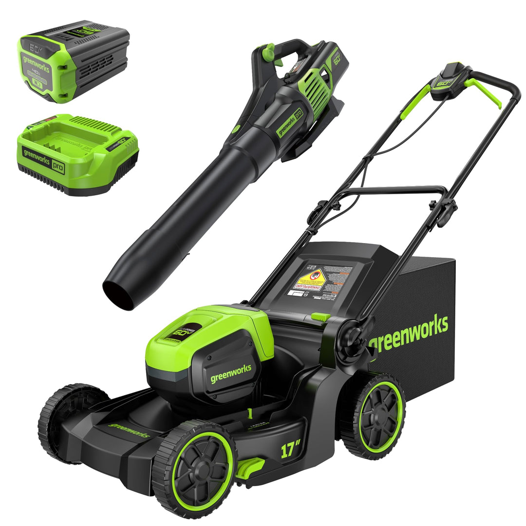 60V 17" Brushless (Push) Mower + 60V (610 CFM) Brushless Blower, 4.0Ah Battery and 3A Charger