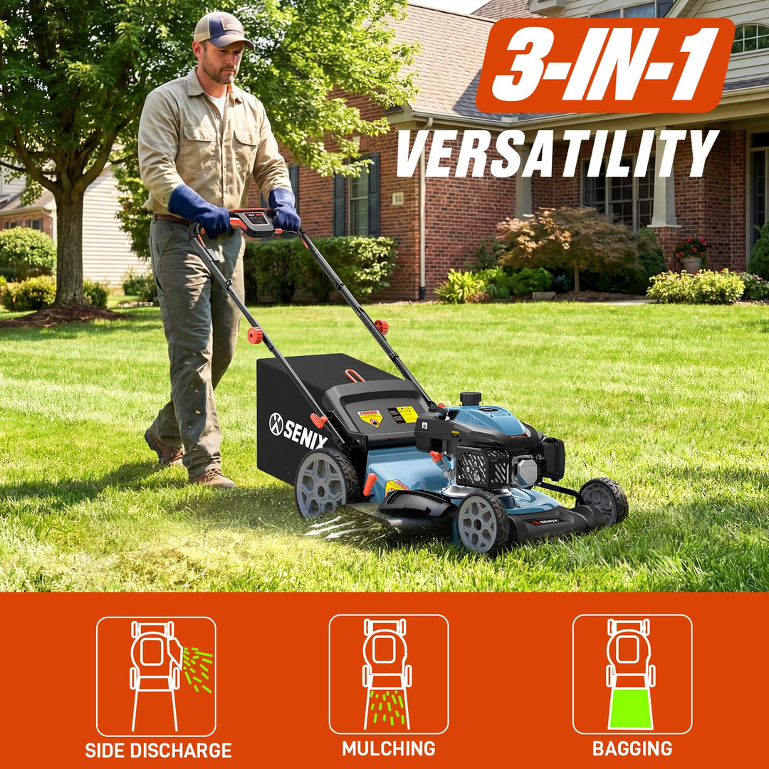 SENIX 201cc 22" 3-in-1 Gas Lawn Mower, Variable Speed Rear Wheel Self-Propelled Mower, Mulching, Bagging, Discharging, Foldable, 6 Cutting Height Adjustable, for Garden Yard