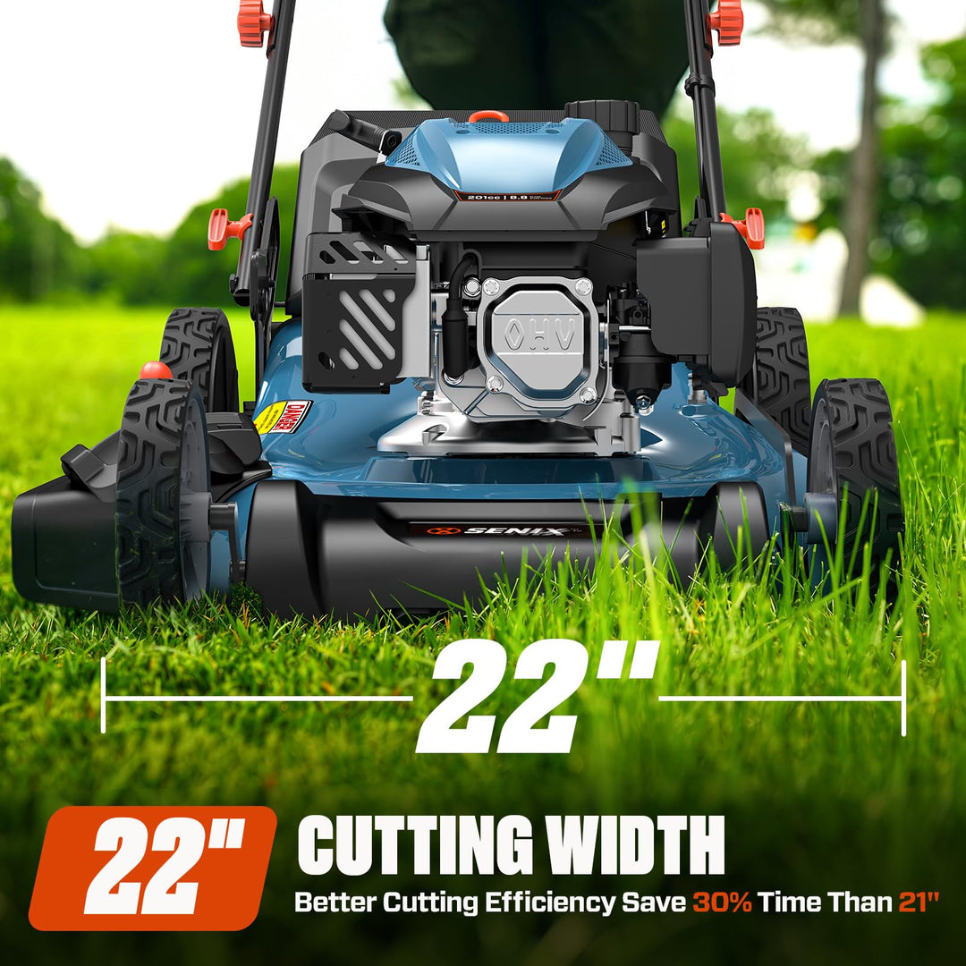 SENIX 201cc 22" 3-in-1 Gas Lawn Mower, Variable Speed Rear Wheel Self-Propelled Mower, Mulching, Bagging, Discharging, Foldable, 6 Cutting Height Adjustable, for Garden Yard