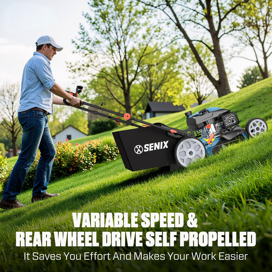 SENIX 201cc 22" 3-in-1 Gas Lawn Mower, Variable Speed Rear Wheel Self-Propelled Mower, Mulching, Bagging, Discharging, Foldable, 6 Cutting Height Adjustable, for Garden Yard