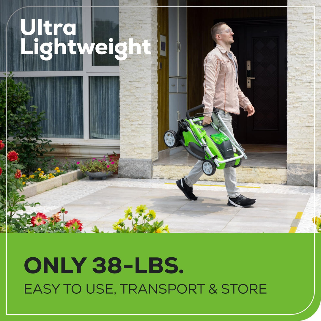 Greenworks 40V 16" Cordless Lawn Mower, Ultra-Light Push Mower with 4.0Ah Battery & Charger(75+ Tool Compatibility, 45Min Runtime)