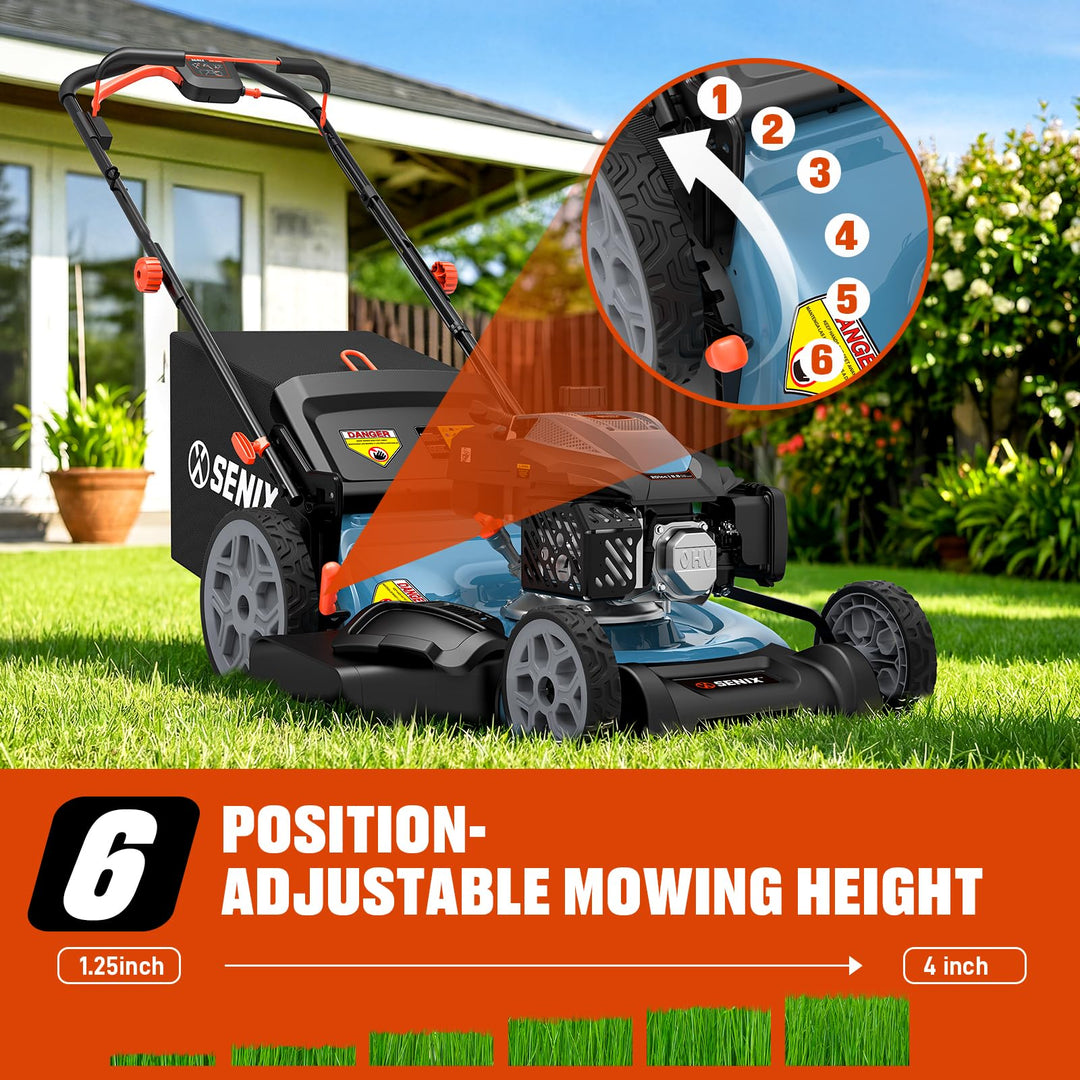 SENIX 201cc 22" 3-in-1 Gas Lawn Mower, Variable Speed Rear Wheel Self-Propelled Mower, Mulching, Bagging, Discharging, Foldable, 6 Cutting Height Adjustable, for Garden Yard