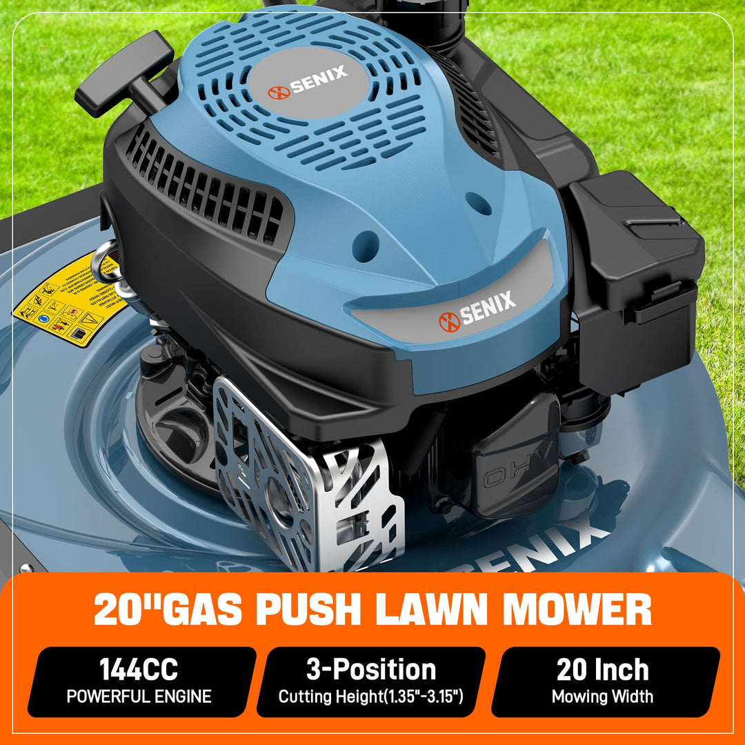 SENIX 20" Gas Lawn Mower, 144 cc Gas Powered Lawnmower, 4-Cycle Engine Walk-Behind Push Lawn Mowers, 3 Position Height Adjustment for Yard and Garden, cortadora de pasto