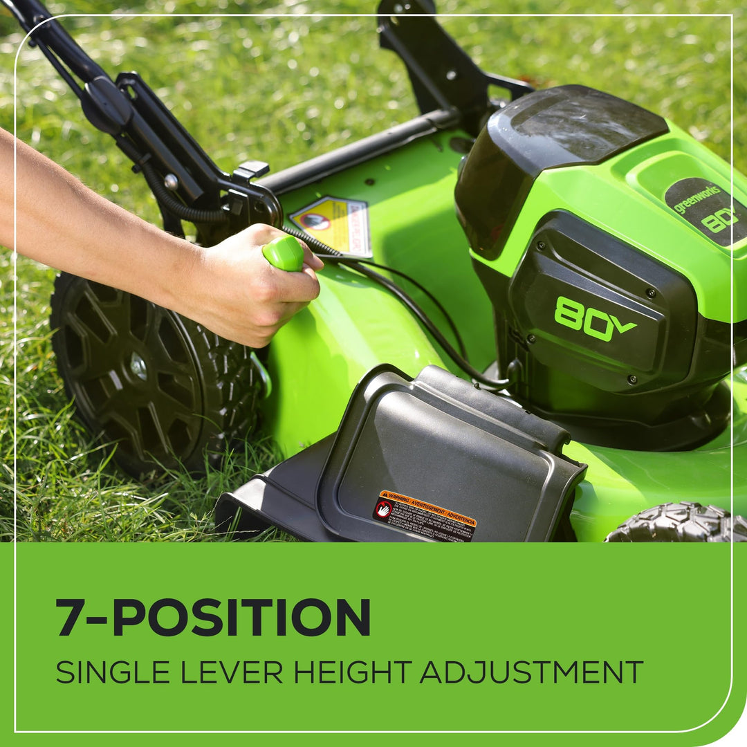 Greenworks 80V 21” Brushless (Push) Cordless Electric Lawn Mower + (500 CFM) Axial Leaf Blower + 13” String Trimmer (75+ Compatible Tools), (2) 2.0Ah Batteries and 30 Minute Rapid Charger