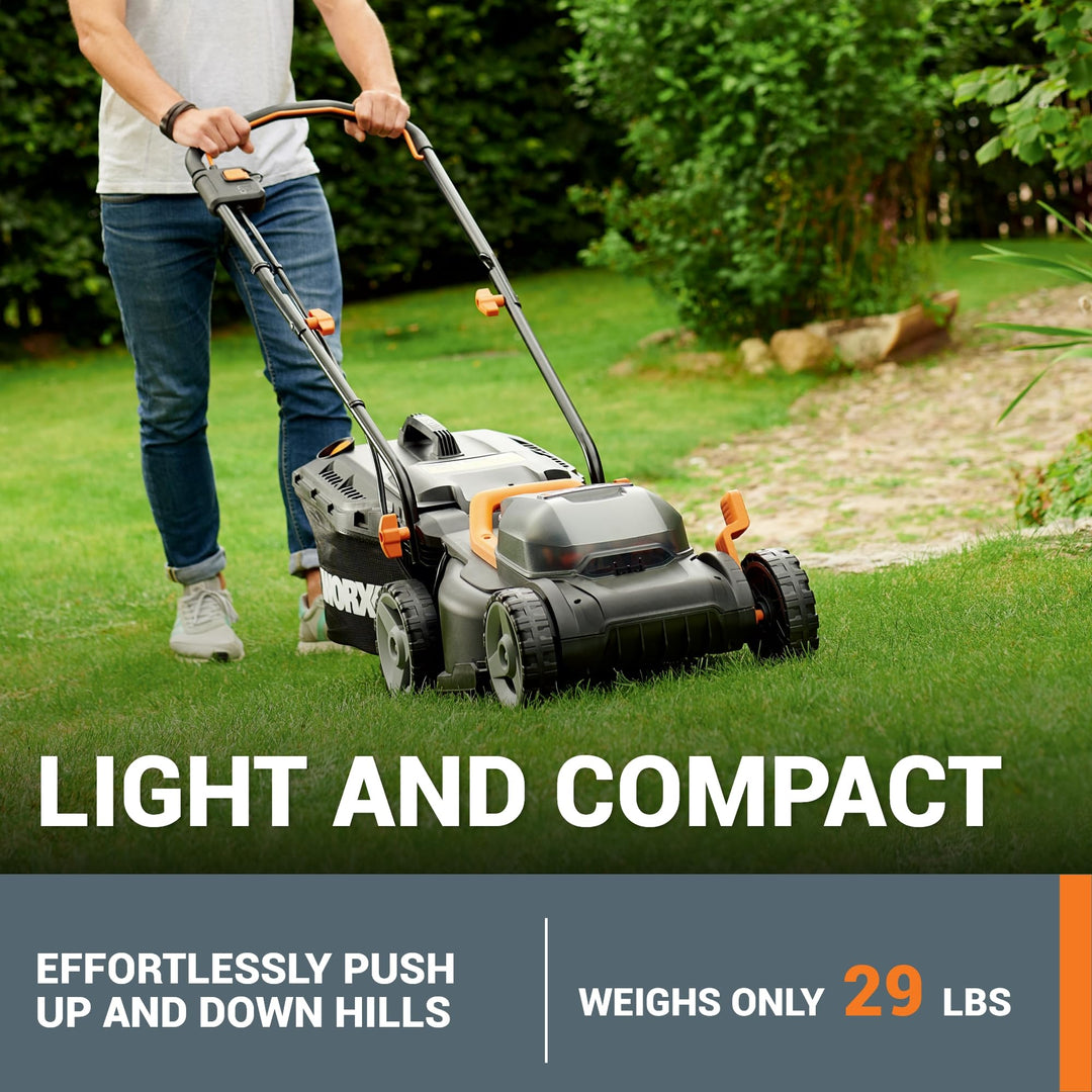 WORX 14" Cordless Lawn Mower, 2 in 1 Electric Mower Cuts Quietly, Compact & Lightweight Push Lawn Mower with 6-Position Height Adjustment for Small Yards, 2 Batteries & Charger Included, WG779