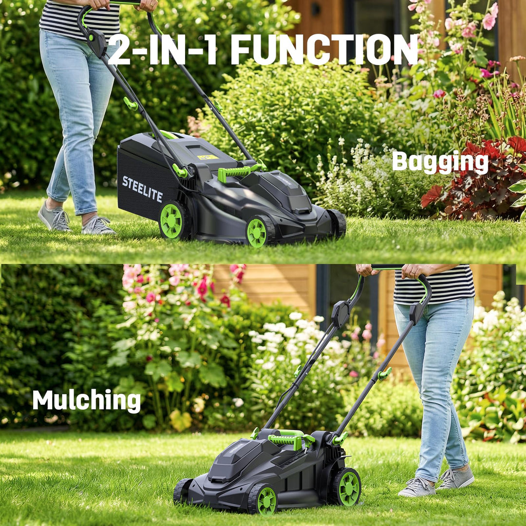 STEELITE 40V 17 Inch Electric Lawn Mower Cordless, Brushless Motor, 6-Position Height Adjustment, 2-in-1 Bagging & Mulching, Includes 2 x 4.0Ah Batteries and Dual Battery Chargers