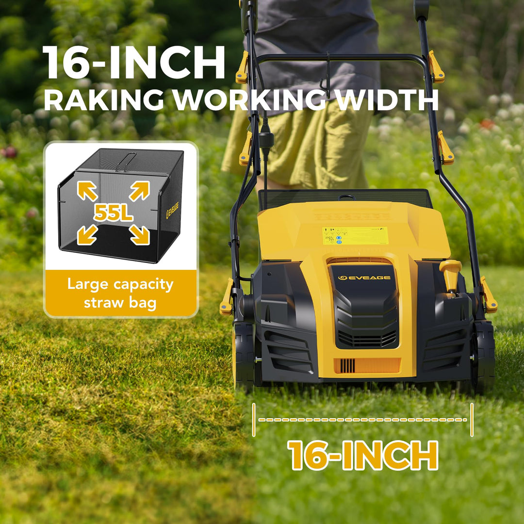 Upgraded EVEAGE 16-Inch 15 Amp Electric Dethatcher & Scarifier, 5-Position Depth Adjustment, 14.5gal Collection Bag, Increases Lawn Health, EDS16S
