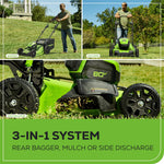 Load image into Gallery viewer, Greenworks 80V 21” Brushless (Self-Propelled) Cordless Electric Lawn Mower + (580 CFM) Axial Leaf Blower (75+ Compatible Tools), 4.0Ah Battery and 60 Minute Rapid Charger, Green and Black