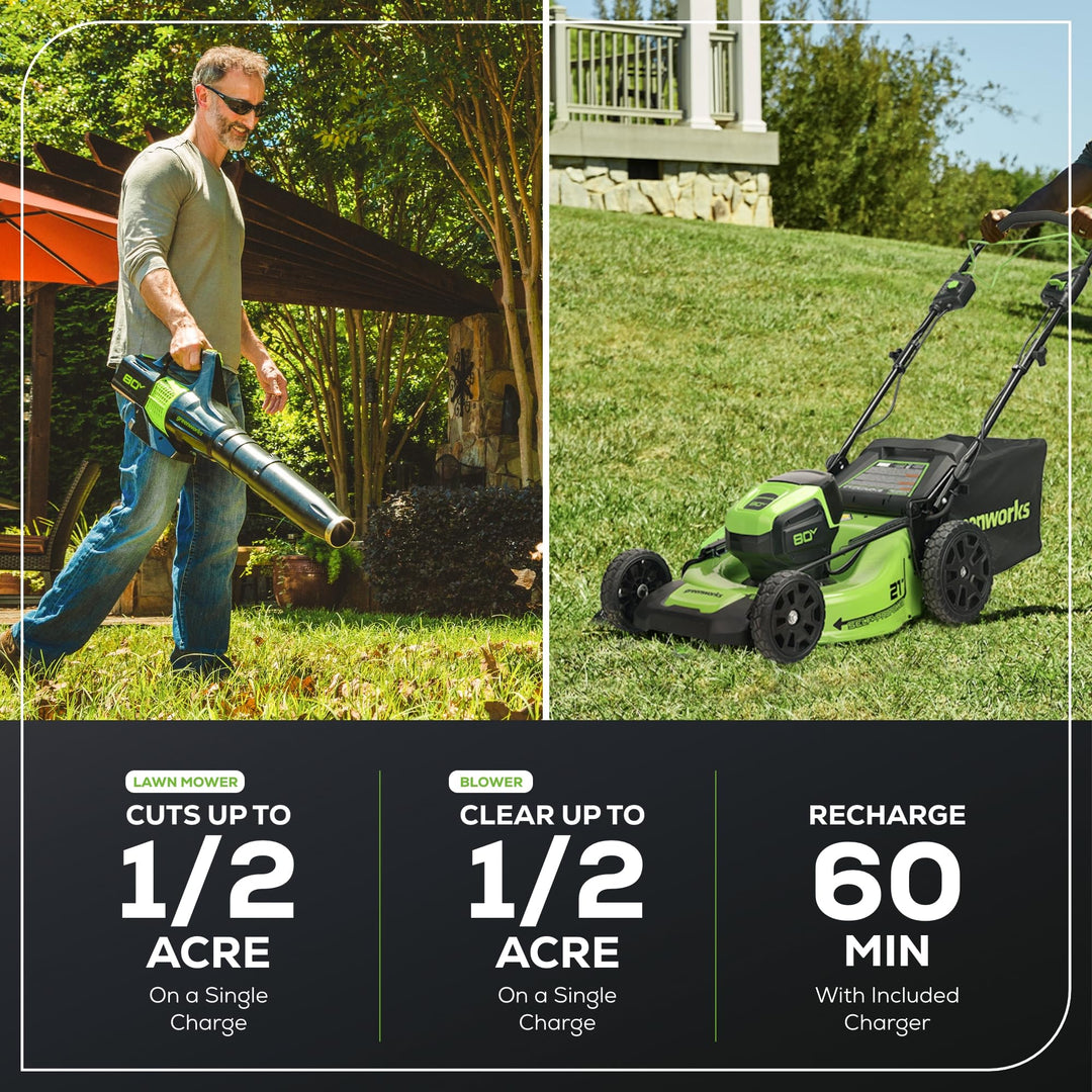 Greenworks 80V 21” Brushless (Self-Propelled) Cordless Electric Lawn Mower + (580 CFM) Axial Leaf Blower (75+ Compatible Tools), 4.0Ah Battery and 60 Minute Rapid Charger, Green and Black