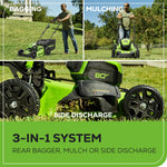 Load image into Gallery viewer, Greenworks 80V 21” Brushless (Push) Cordless Electric Lawn Mower + (500 CFM) Axial Leaf Blower + 13” String Trimmer (75+ Compatible Tools), (2) 2.0Ah Batteries and 30 Minute Rapid Charger