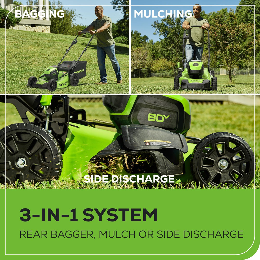 Greenworks 80V 21” Brushless (Push) Cordless Electric Lawn Mower + (500 CFM) Axial Leaf Blower + 13” String Trimmer (75+ Compatible Tools), (2) 2.0Ah Batteries and 30 Minute Rapid Charger