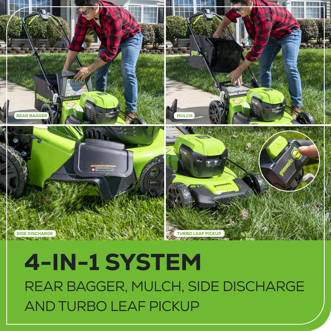 Greenworks 48V (24V x 2) 21" Brushless Self-Propelled Mower+12" String Trimmer+320CFM Blower,(2) 5.0Ah Batteries and 4A Dual Port Charger